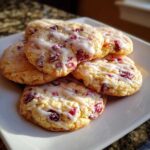 A stack of freshly baked cranberry orange cookies drizzled with white glaze, sitting on a white plate.