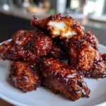 Close-up of sticky, dark glazed korean fried chicken pieces piled on a white plate.