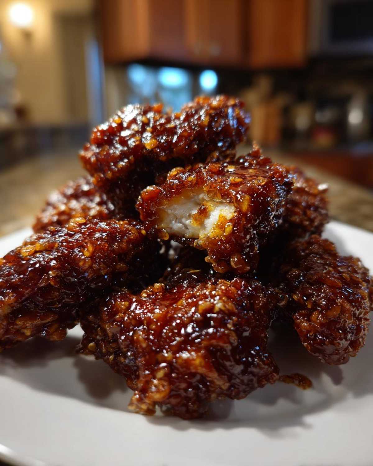 A pile of sticky, glazed korean fried chicken pieces, with one piece broken open showing the white meat inside.