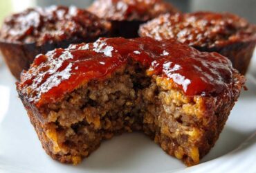 Close-up of a delicious mini meatloaf with a bite taken out, showing the moist interior and thick, shiny ketchup glaze.