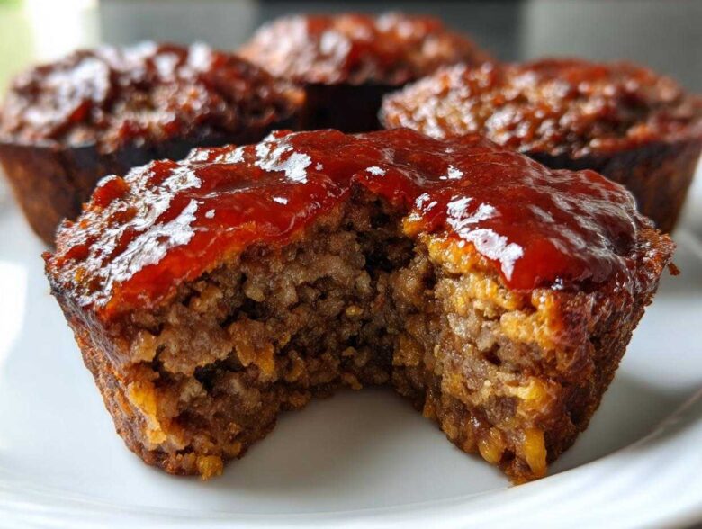 Close-up of a delicious mini meatloaf with a bite taken out, showing the moist interior and thick, shiny ketchup glaze.