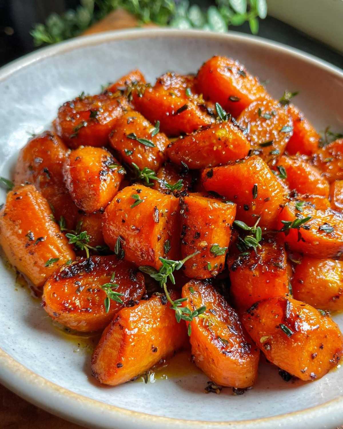 Close-up of glazed roasted carrots coated in a shiny sauce and garnished with fresh thyme sprigs.