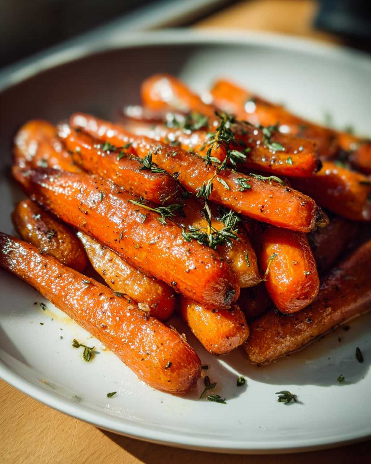 A close-up of perfectly glazed roasted carrots piled on a white plate, garnished with fresh thyme.