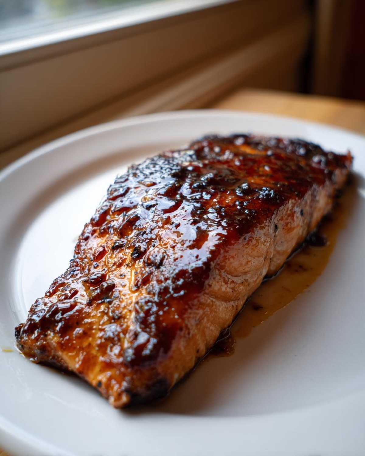 Close-up of a perfectly cooked salmon fillet with a dark, glossy steakhouse-style glaze on a white plate.