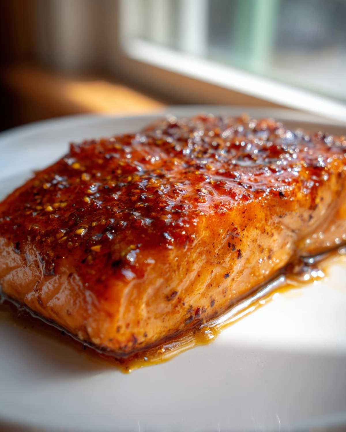 Close-up of a perfectly cooked salmon fillet with a thick, glossy, steakhouse-style glaze and visible seasoning.