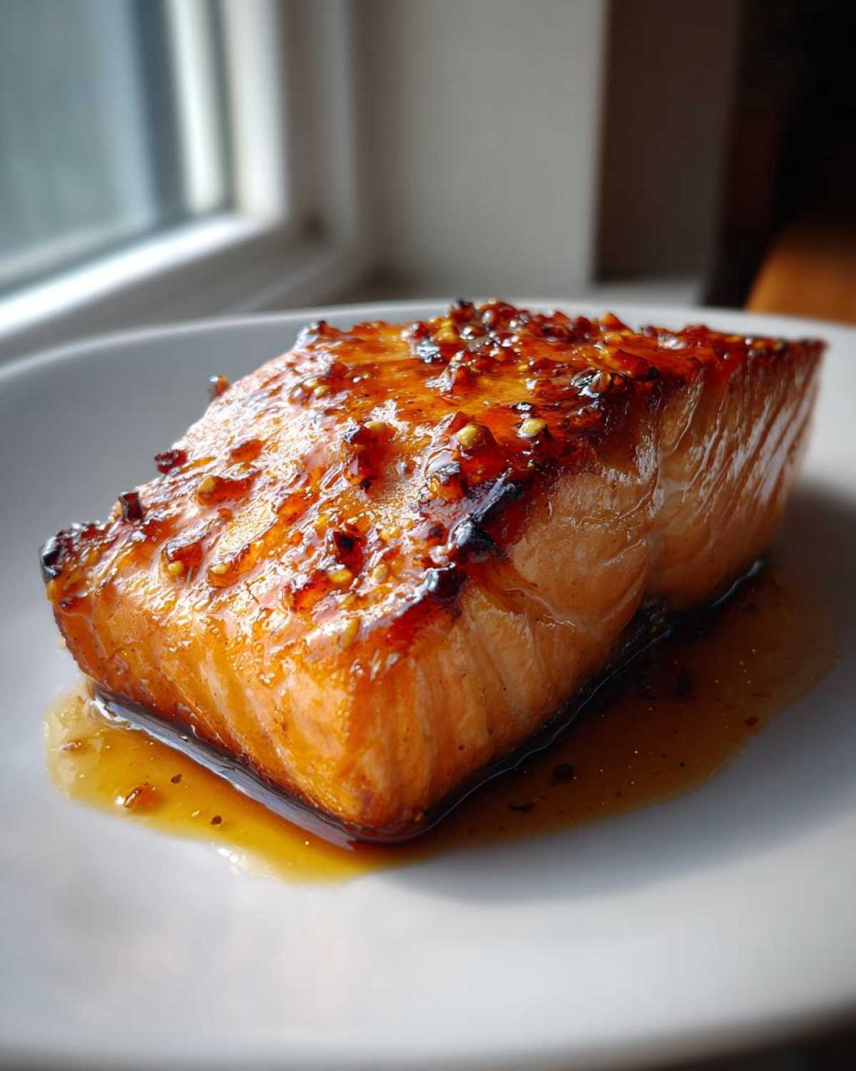 Close-up of a perfectly cooked salmon fillet covered in a thick, shiny, honey-mustard glaze, ready to eat.