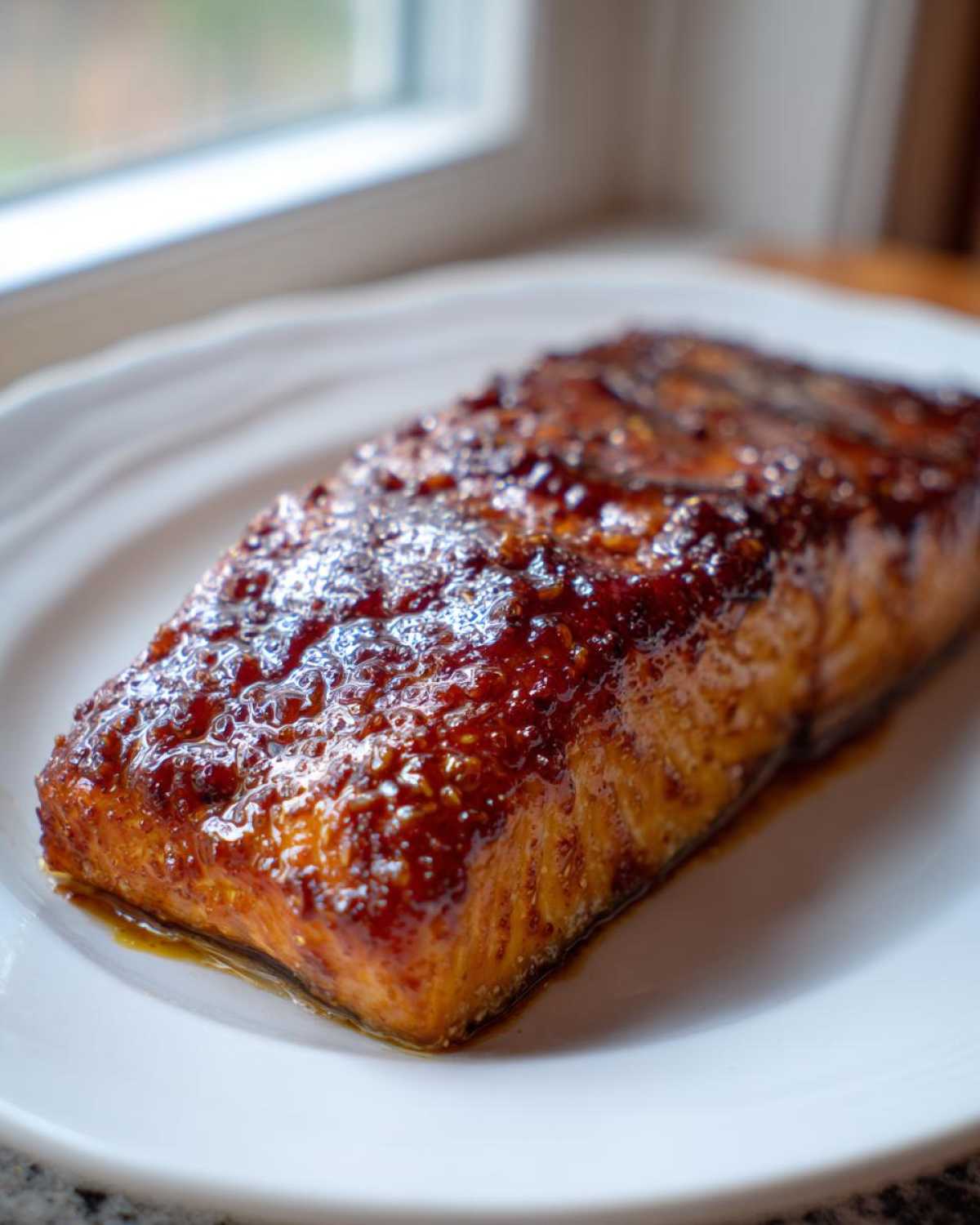 Close-up of a perfectly cooked salmon fillet with a thick, glossy, dark brown steakhouse-style glaze.