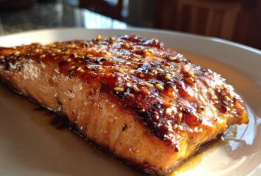 Close-up of a perfectly cooked, glazed salmon fillet topped with sesame seeds, ready to eat.