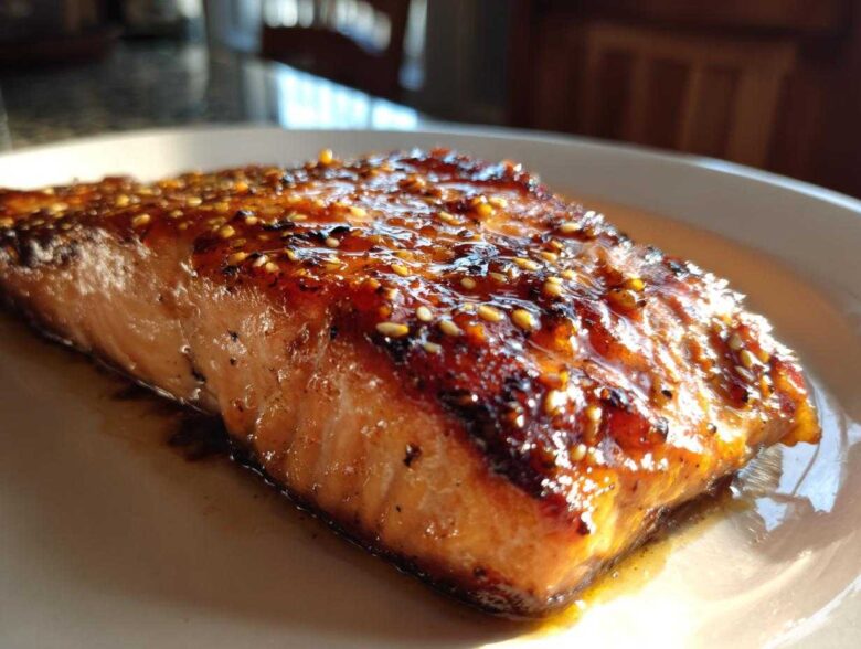 Close-up of a perfectly cooked, glazed salmon fillet topped with sesame seeds, ready to eat.