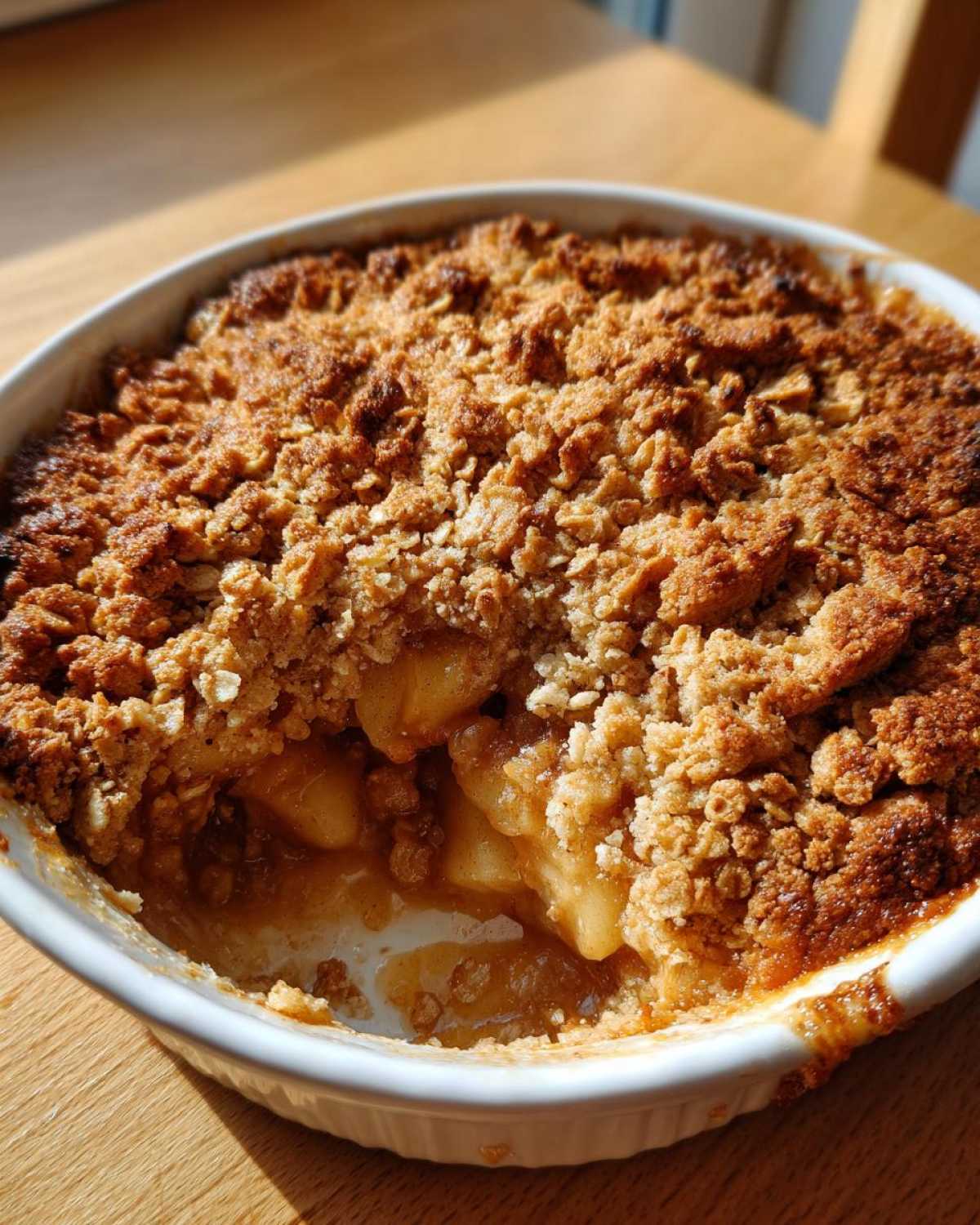 A close-up of a freshly baked apple crisp recipe with a golden, crumbly topping and visible soft apples underneath.