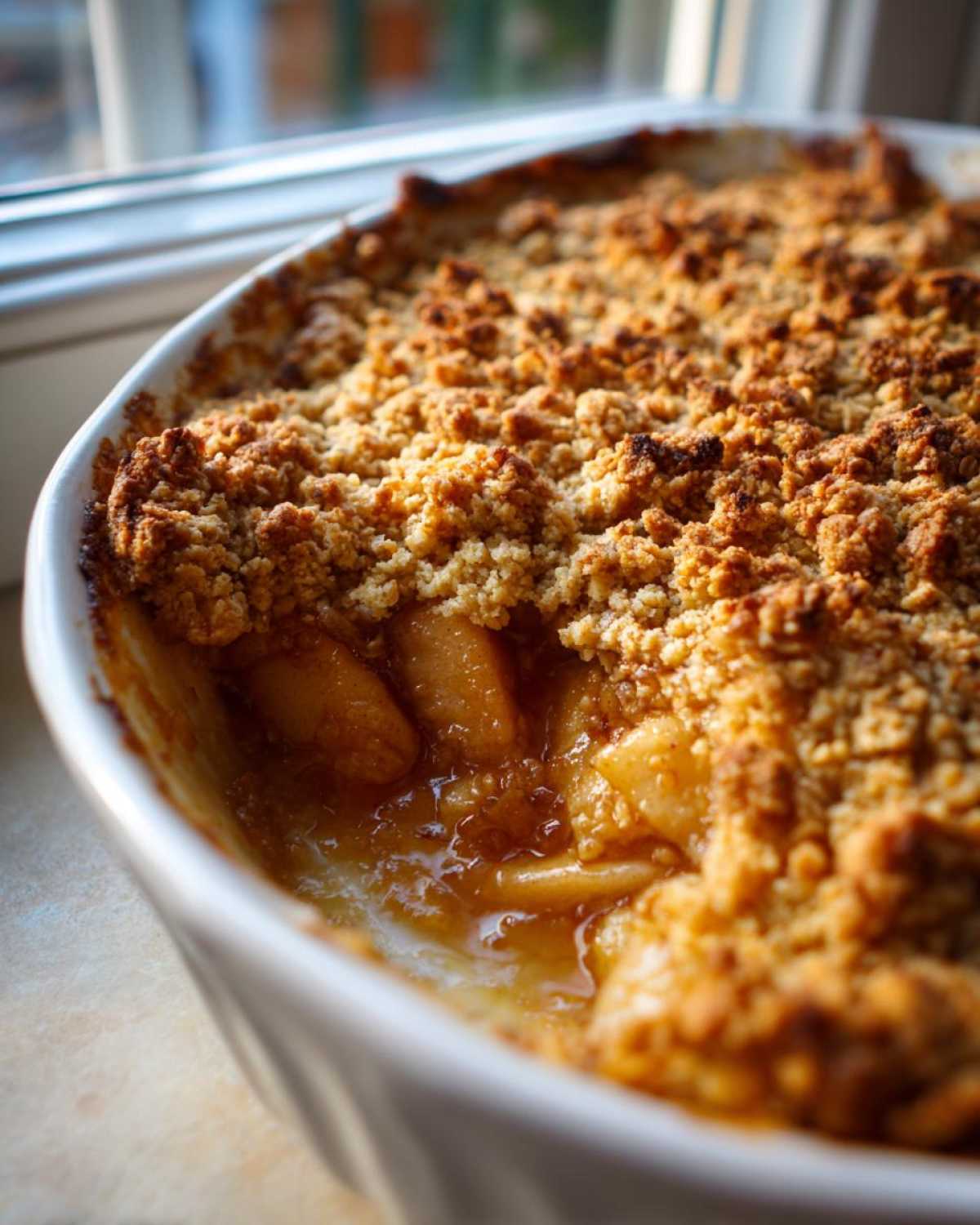 Close-up of a freshly baked apple crumble with a golden, crunchy topping and bubbling fruit filling.