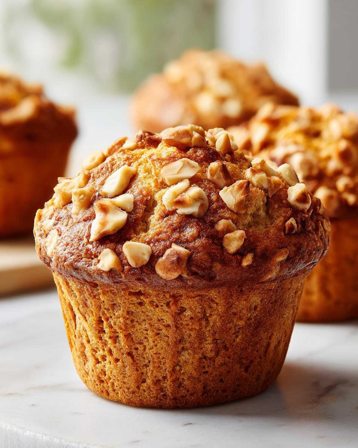 A close-up of a freshly baked banana nut muffin, topped generously with chopped nuts, sitting on a marble surface.