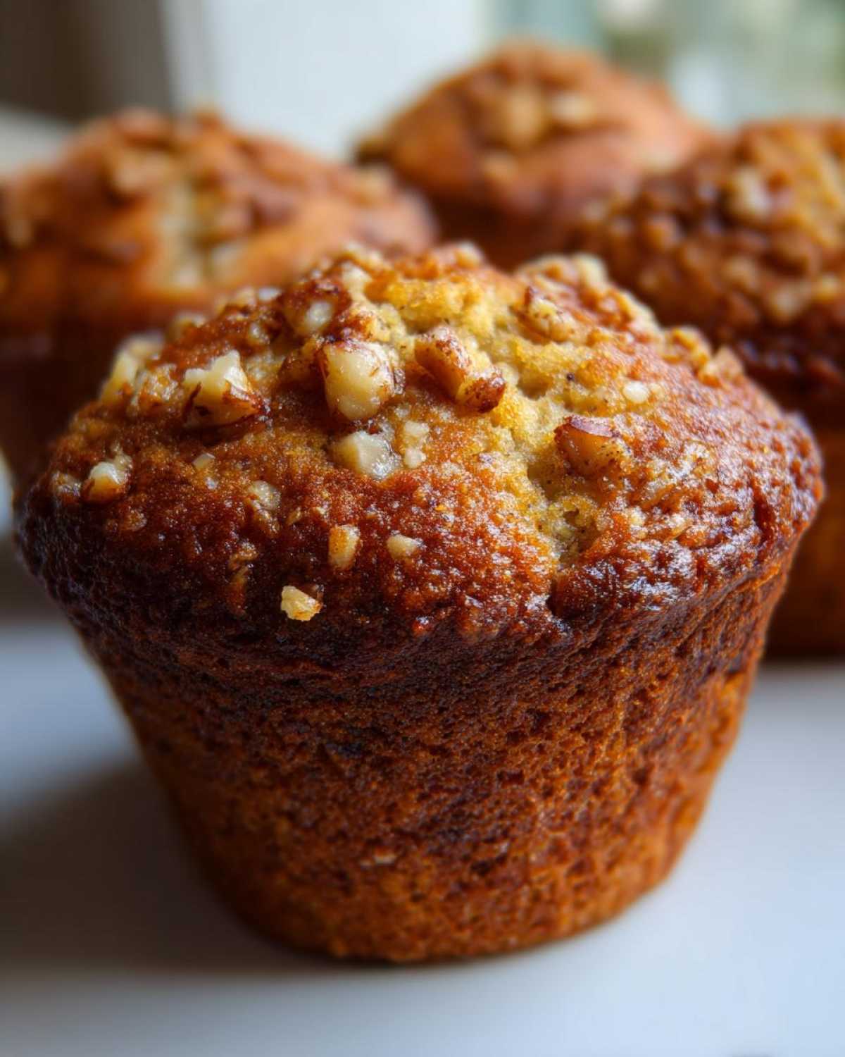 A close-up, shallow depth of field shot of a perfectly baked banana nut muffin topped with chopped walnuts.