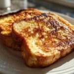 Close-up of two slices of perfectly cooked french toast with golden-brown caramelized edges.