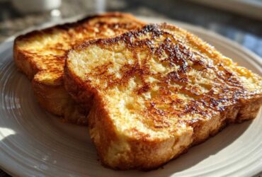 Close-up of two slices of perfectly cooked french toast with golden-brown caramelized edges.