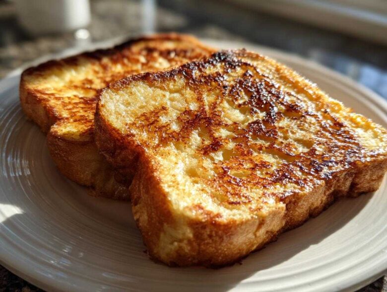 Close-up of two slices of perfectly cooked french toast with golden-brown caramelized edges.
