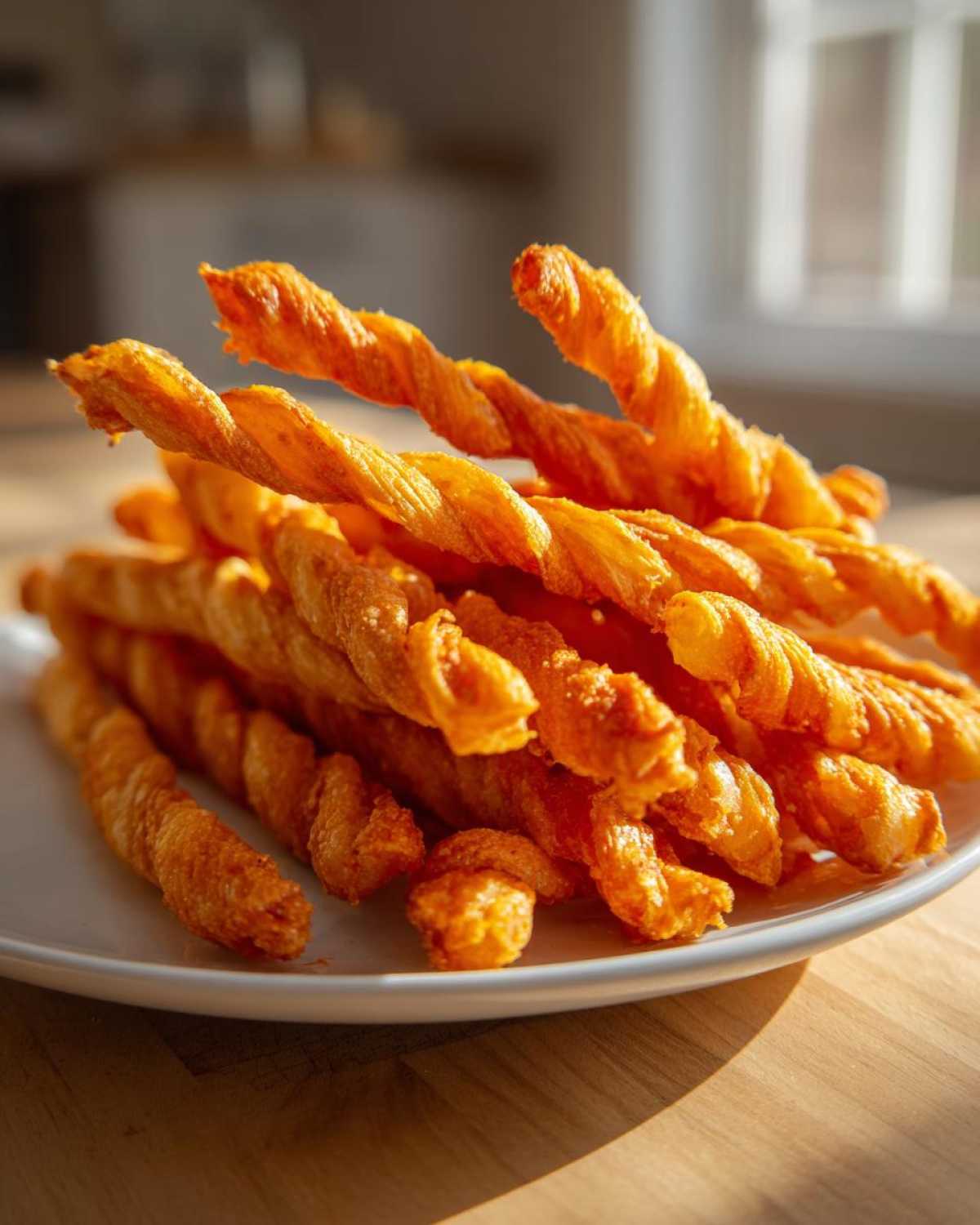 A pile of golden, flaky, twisted cheese straws recipe resting on a white plate in bright sunlight.