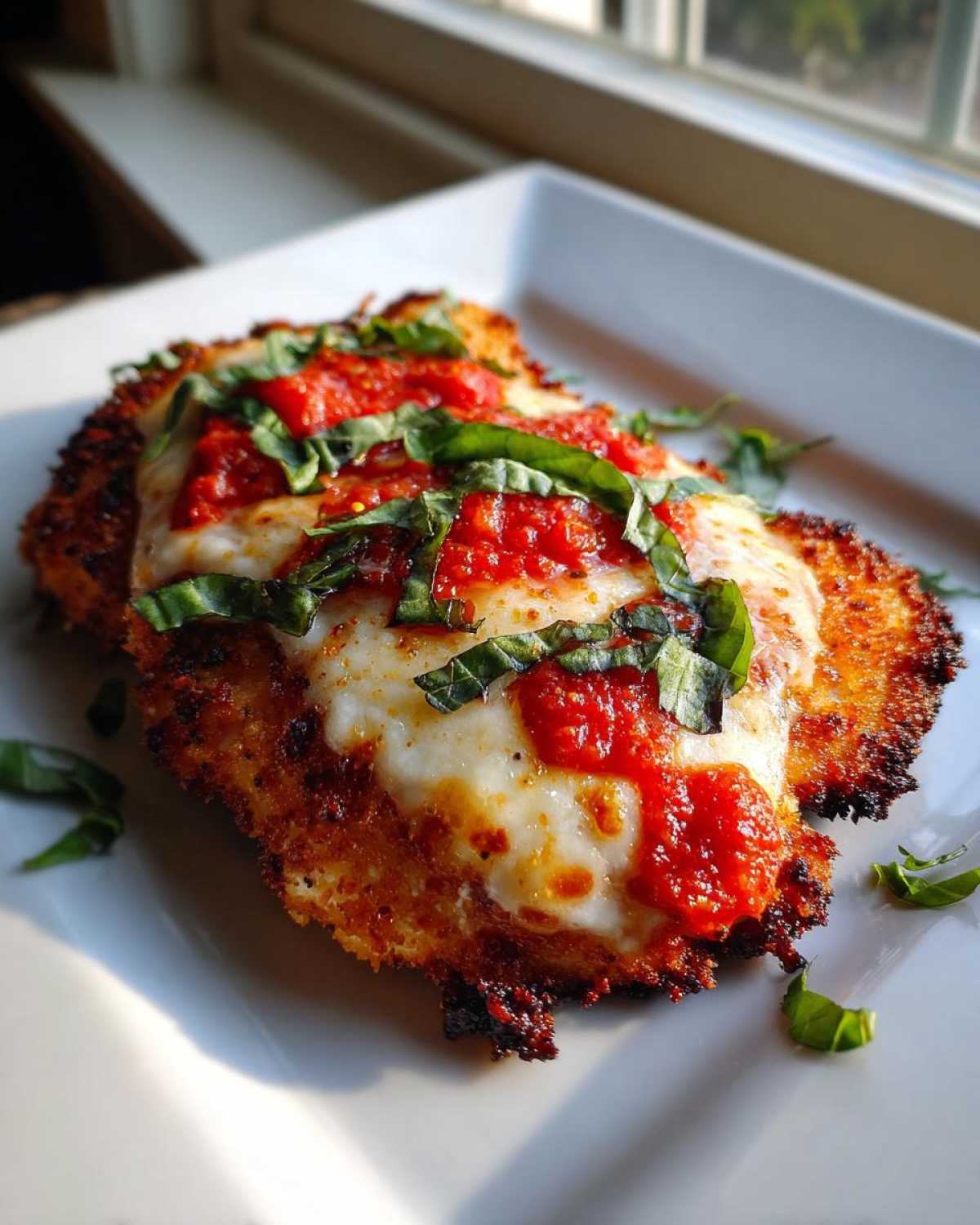 Close-up of a perfectly cooked chicken parmesan recipe, featuring crispy breading, melted mozzarella, bright tomato sauce, and fresh basil.