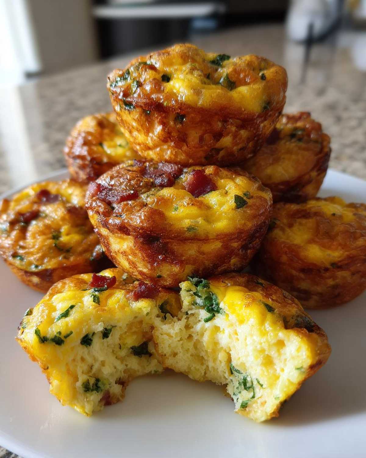 A stack of golden brown, fluffy egg bites with visible bacon and herbs, one bitten into, showing the texture of the egg bites.