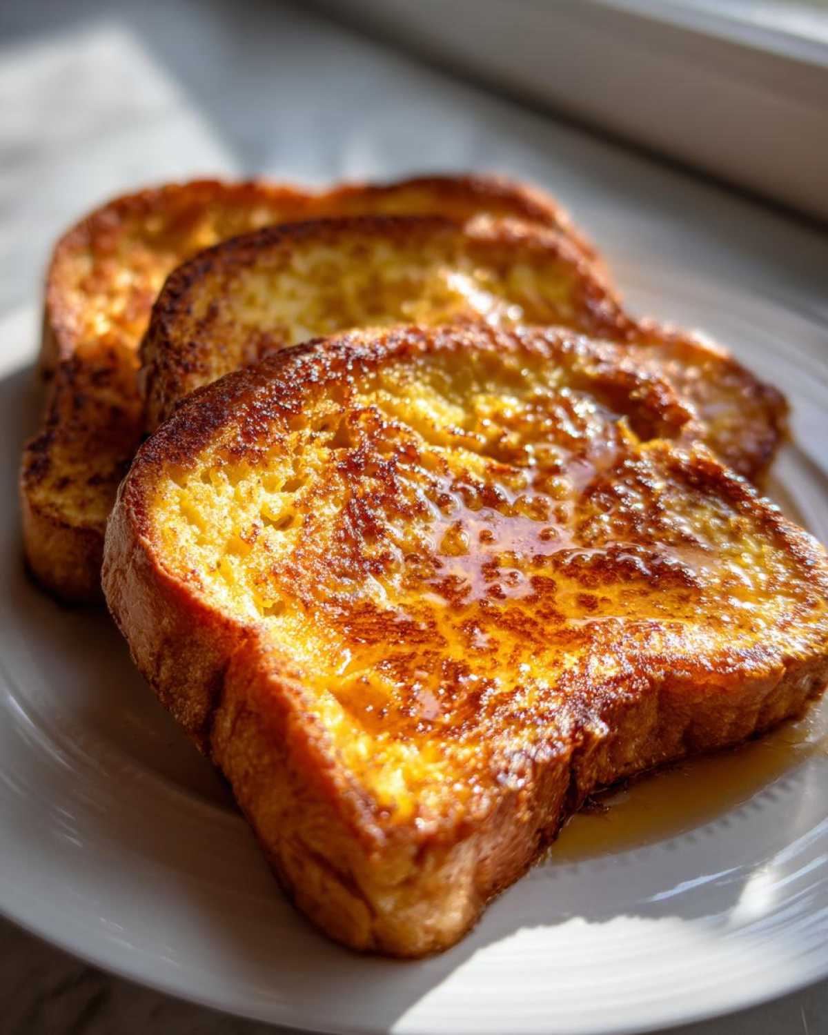 Three slices of perfectly cooked, golden brown french toast drizzled generously with syrup.