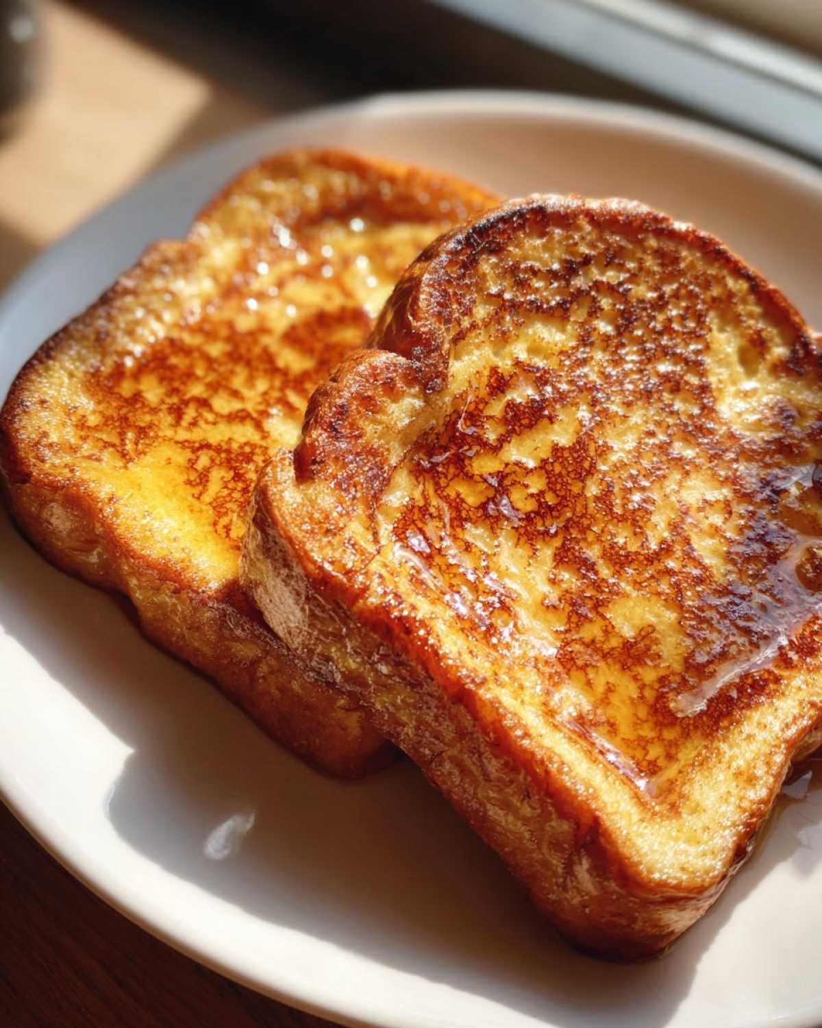 Two golden brown slices of syrup-drizzled french toast resting on a white plate.