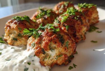 Close-up of perfectly browned greek chicken meatballs served with a dollop of creamy tzatziki sauce and fresh parsley.