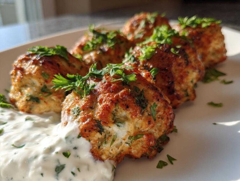 Close-up of perfectly browned greek chicken meatballs served with a dollop of creamy tzatziki sauce and fresh parsley.