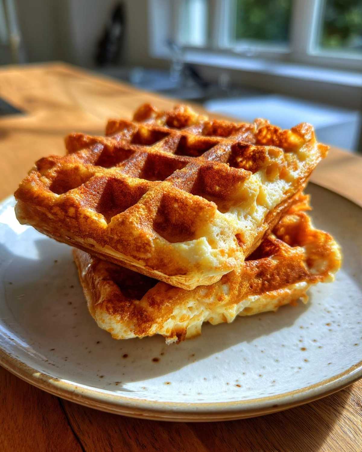 Close-up of two golden brown, fluffy high protein waffles stacked on a speckled ceramic plate.