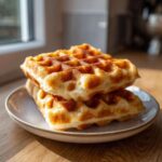 Two golden brown, fluffy high protein waffles stacked on a small ceramic plate near a window.