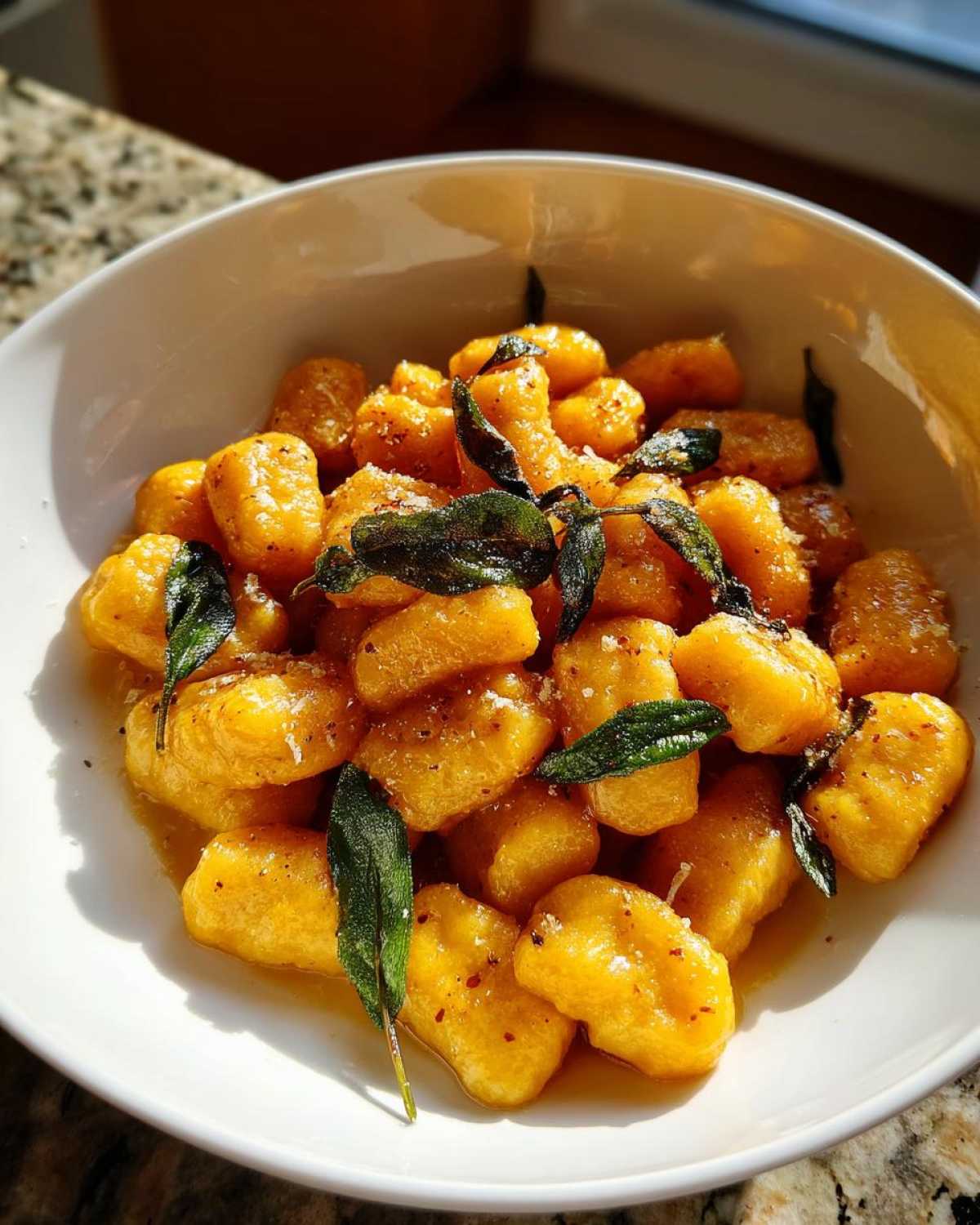A close-up of fluffy, orange sweet potato gnocchi tossed in a light sauce and topped with crispy sage leaves.