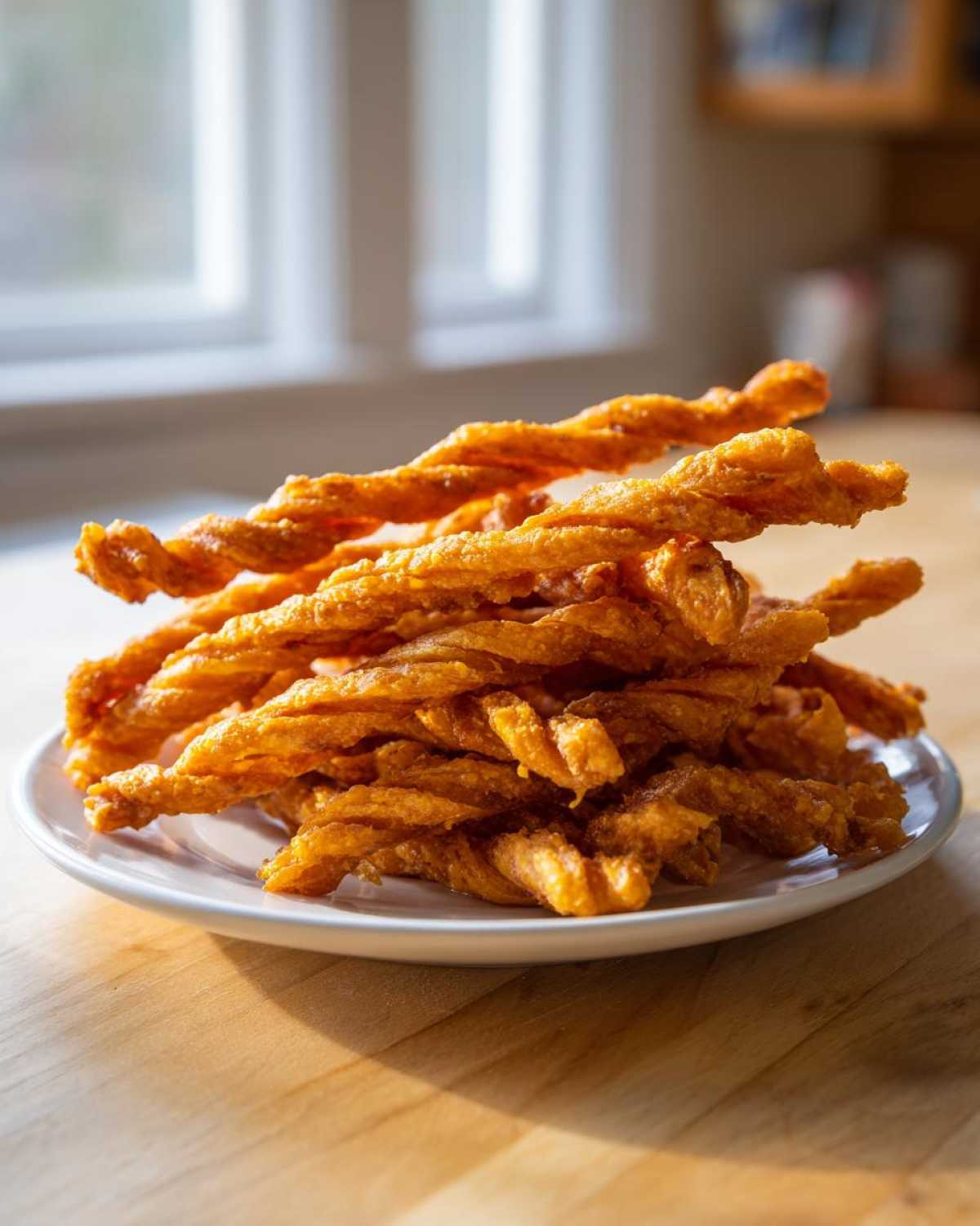 A tempting stack of golden brown, twisted cheese straws recipe piled high on a white plate.