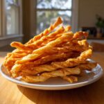 A tall pile of golden, twisted, and crispy cheese straws recipe served on a small white plate.