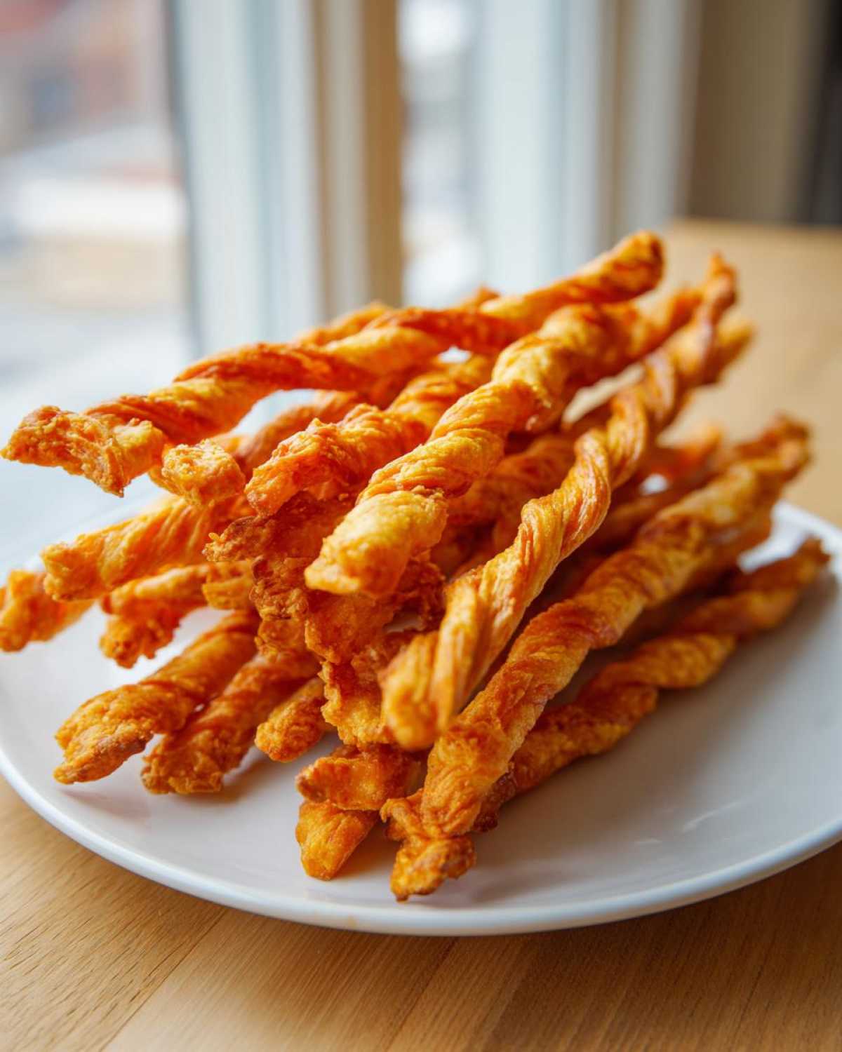 A pile of freshly baked, golden-orange, twisted cheese straws recipe stacked on a white plate.