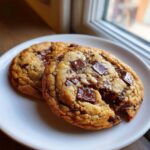 Two decadent chocolate chip cookies, one with a bite taken out, showing melted chocolate chips.