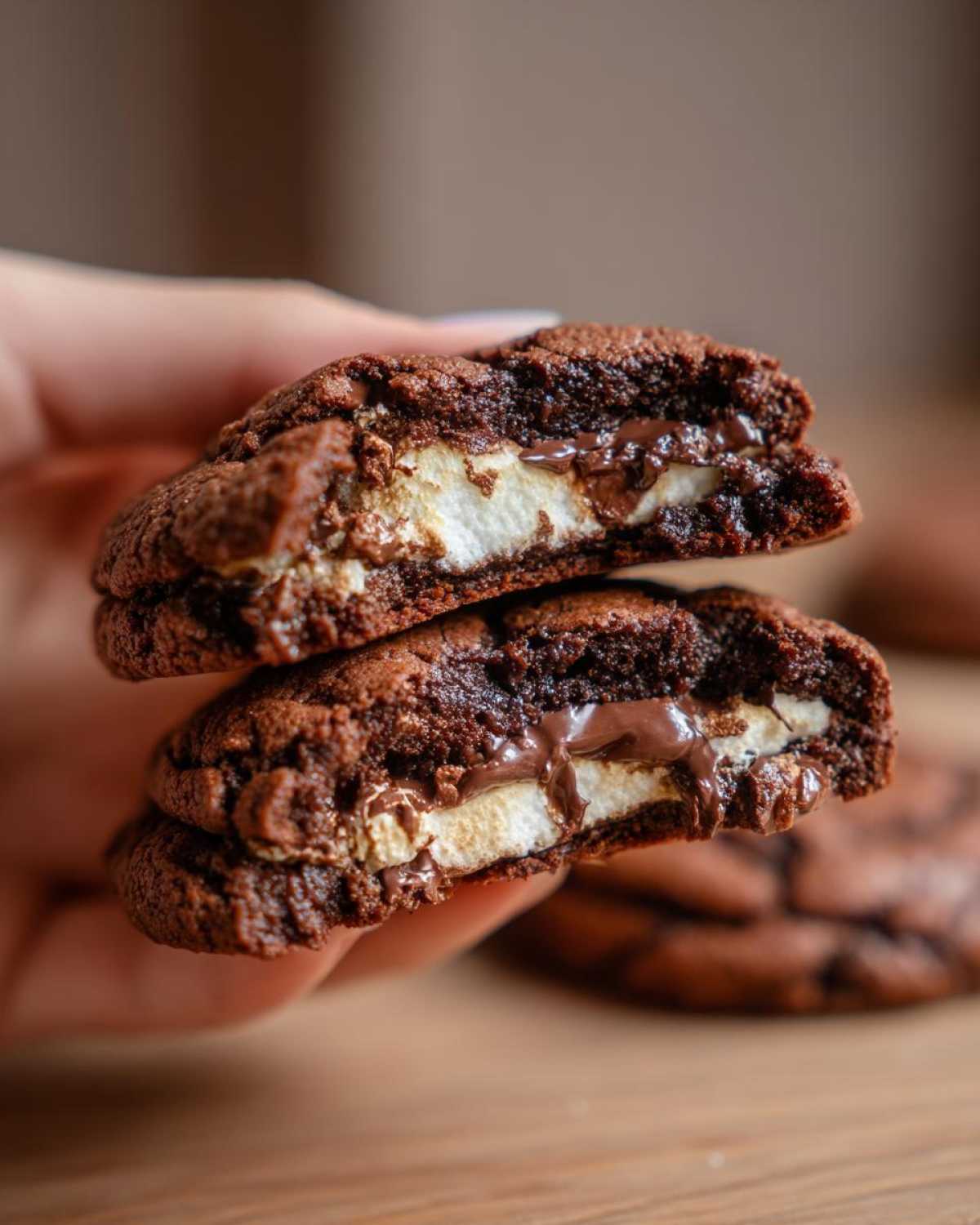 Two halves of a rich, dark hot chocolate cookies pulled apart showing melted chocolate and marshmallow filling.