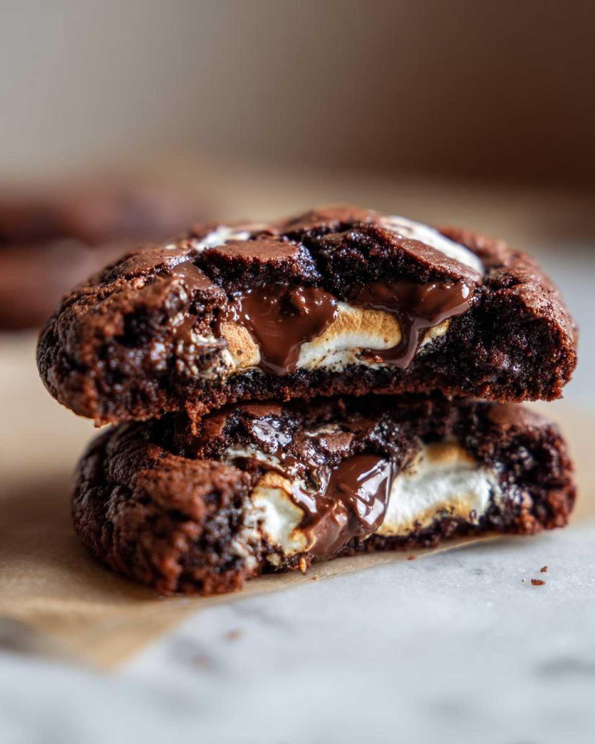 Two halves of a rich, dark hot chocolate cookies stacked, revealing a melted marshmallow and gooey chocolate center.