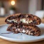 Two halves of a warm hot chocolate cookies stacked, showing a gooey marshmallow center and melted chocolate drizzle.