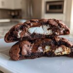 Two halves of a rich, dark chocolate hot chocolate cookies stacked, showing melted chocolate and gooey marshmallow filling.