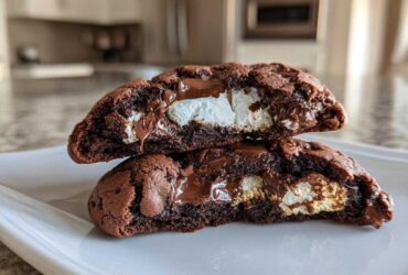 Two halves of a rich, dark chocolate hot chocolate cookies stacked, showing melted chocolate and gooey marshmallow filling.