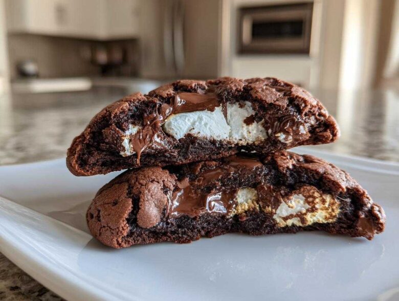 Two halves of a rich, dark chocolate hot chocolate cookies stacked, showing melted chocolate and gooey marshmallow filling.
