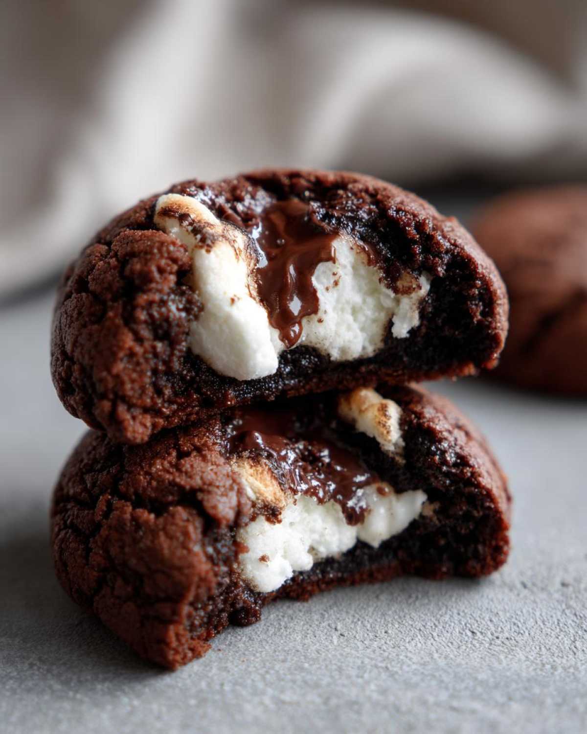 Two halves of a rich, dark hot chocolate cookie stacked, revealing melted marshmallow and gooey chocolate center.