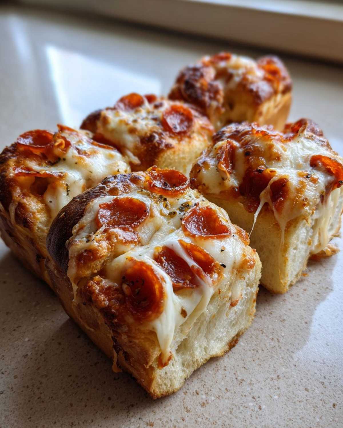 Close-up of four freshly baked pepperoni pizza sliders showing melted, gooey cheese and crispy pepperoni.