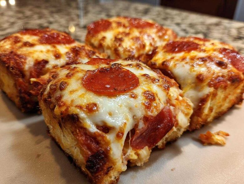Close-up of four gooey pepperoni pizza sliders with melted, browned cheese on a light surface.