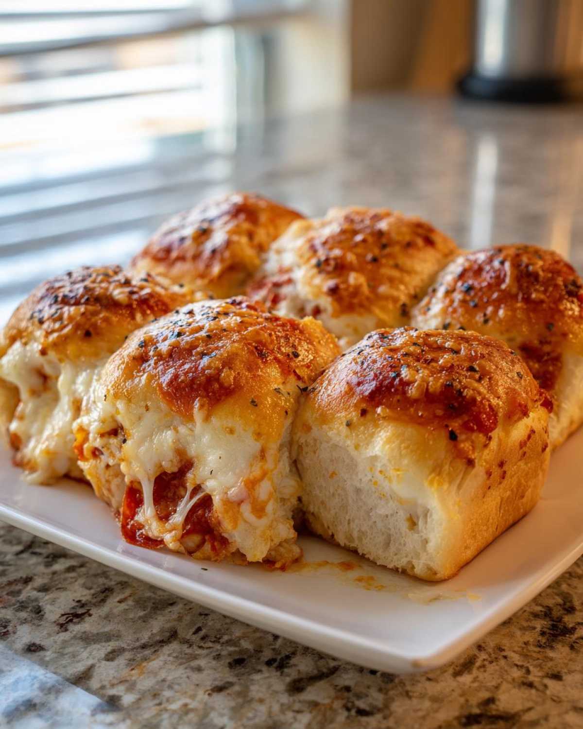 Close-up of six baked pizza sliders oozing melted cheese and pepperoni on a white platter.