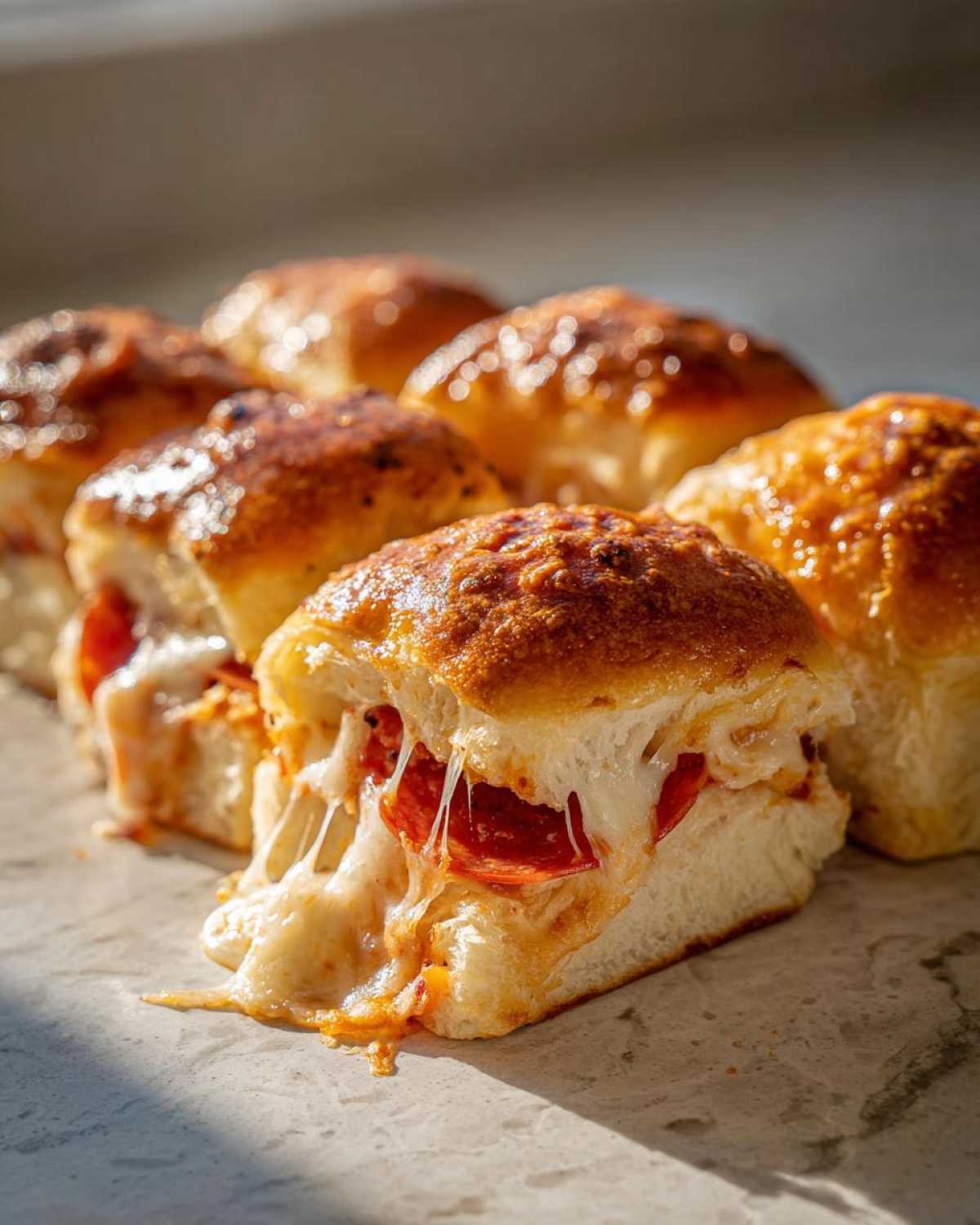 Close-up of freshly baked pizza sliders with melted cheese stretching out from a pepperoni filling.