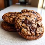 Close-up of gooey vegan chocolate chip cookies with melted chocolate pools on a light countertop.