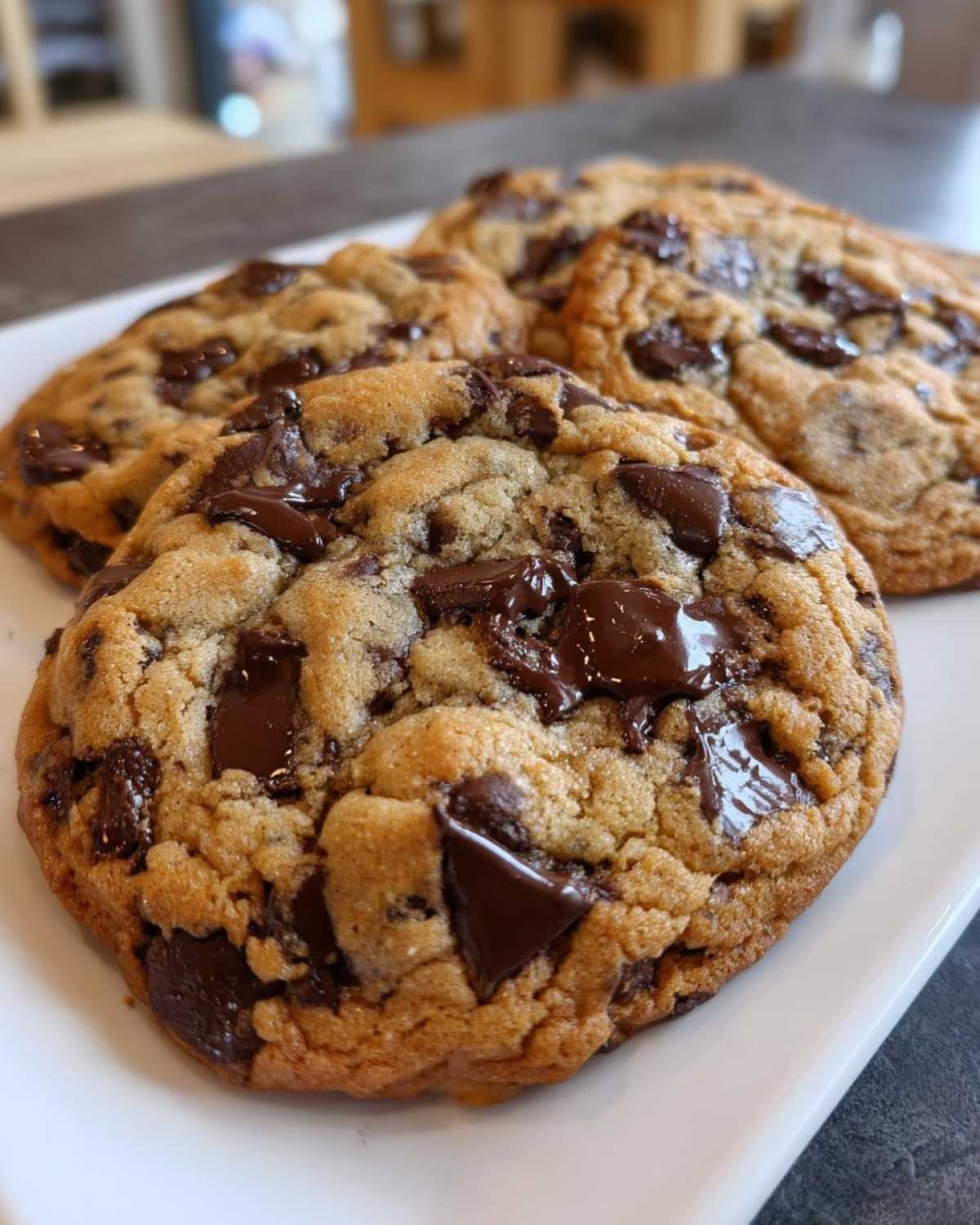 Close-up of several freshly baked vegan chocolate chip cookies with melted chocolate chunks on a white plate.