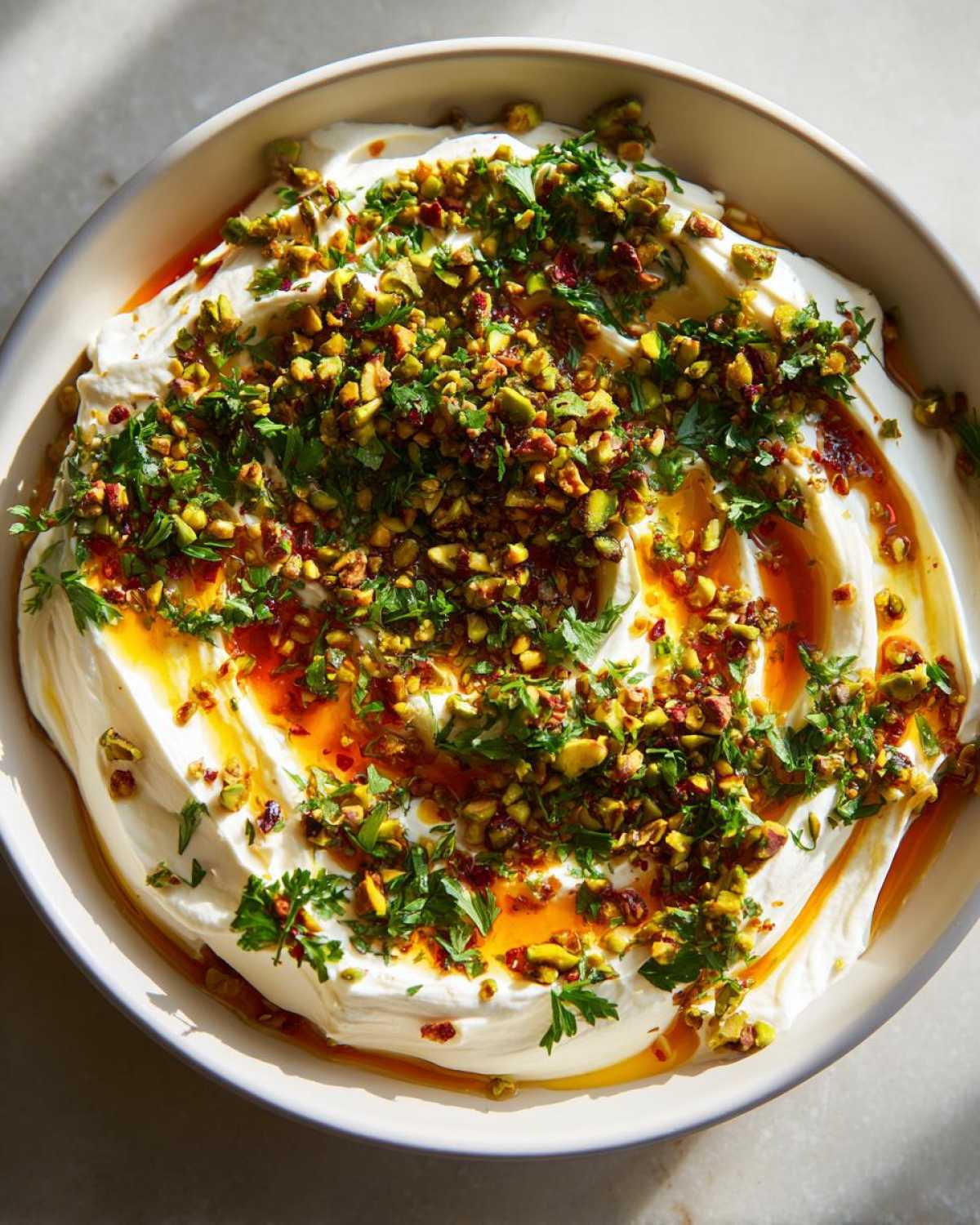 Close-up of a creamy ricotta dip bowl, generously topped with chopped pistachios, fresh parsley, and chili oil.