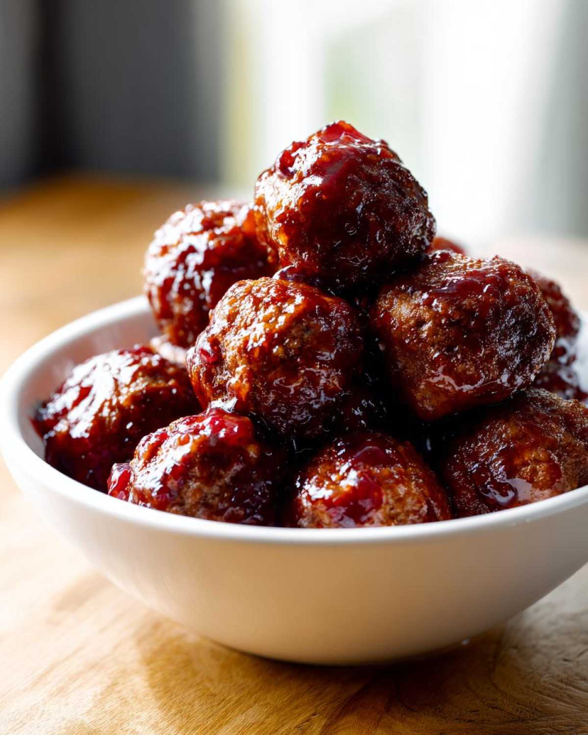 A close-up of glossy, saucy grape jelly meatballs piled high in a small white serving bowl.