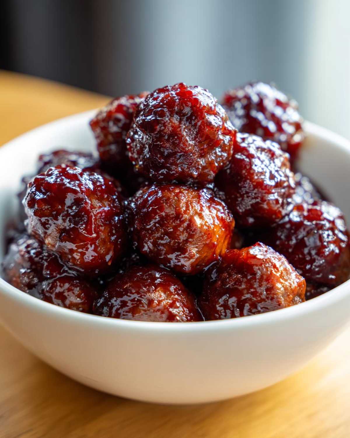 A white bowl filled with shiny, glazed grape jelly meatballs, ready to serve.